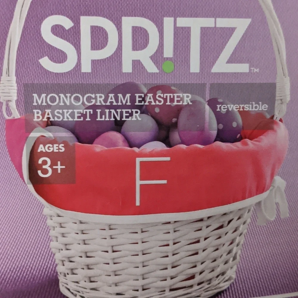 Easter Basket Liner Monogram F Pink White Trim Reversible Fabric Spring HTF